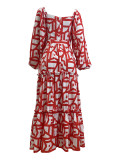 Spring Elegant Slit U Neck Printed Off Shoulder Long Dresses