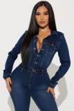 Slim Stretch Flared Washed Long Sleeve Denim Jumpsuit