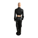 Solid Color PU Leather Zipper High Neck Tops Flap Pocket Straight Leg Pants
