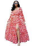 Spring Elegant Slit U Neck Printed Off Shoulder Long Dresses