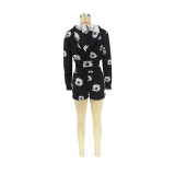 Casual Print Patchwork Zipper Hooded Collar Long Sleeve Two Pieces