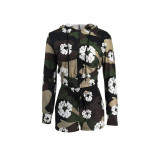 Casual Print Patchwork Zipper Hooded Collar Long Sleeve Two Pieces