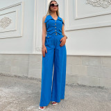 Sleeveless short vest top with loose solid color trousers two-piece set