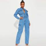 Step Back Washed Bell Bottom Denim Jumpsuit - Light Wash