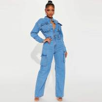 Step Back Washed Bell Bottom Denim Jumpsuit - Light Wash