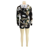 Casual Print Patchwork Zipper Hooded Collar Long Sleeve Two Pieces