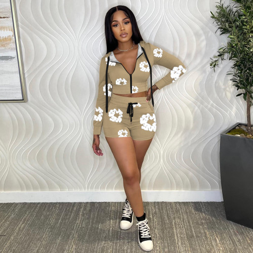 Casual Print Patchwork Zipper Hooded Collar Long Sleeve Two Pieces