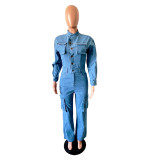 Step Back Washed Bell Bottom Denim Jumpsuit - Light Wash