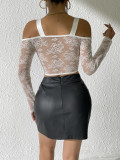 Lace Long Sleeve Off-Shoulder Corset with Diamond-Shaped Sheer Sexy Top