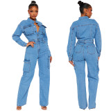 Step Back Washed Bell Bottom Denim Jumpsuit - Light Wash