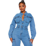 Step Back Washed Bell Bottom Denim Jumpsuit - Light Wash