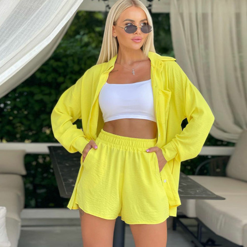 Women's Long Sleeve Shirt Shorts Solid Color Elastic Waist Loose Two-piece Set