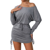 Women's Long Sleeve Ruched Round Neck Dolman Sleeve Drawstring Dresses