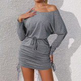 Women's Long Sleeve Ruched Round Neck Dolman Sleeve Drawstring Dresses