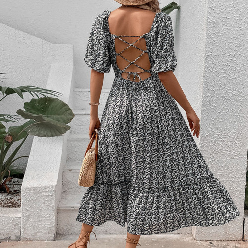 Floral Lace-Up Off-Shoulder Midi Dress