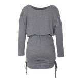 Women's Long Sleeve Ruched Round Neck Dolman Sleeve Drawstring Dresses