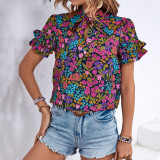 Allover Floral Print Puff Sleeve Frill Neck Blouse