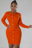 Winter Sexy Button Tight Solid Round Neck Knitted Mini Dress