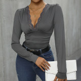 Eyelash Lace Trim Ruched Bodysuit