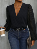 Spliced Mesh Lantern Sleeve V-neck Bodysuit