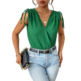 Solid Lace-up Drawstring Shoulder Surplice V Neck Bodysuit