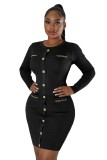 Winter Sexy Button Tight Solid Round Neck Knitted Mini Dress