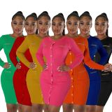 Winter Sexy Button Tight Solid Round Neck Knitted Mini Dress