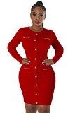 Winter Sexy Button Tight Solid Round Neck Knitted Mini Dress