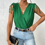 Solid Lace-up Drawstring Shoulder Surplice V Neck Bodysuit