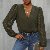Spliced Mesh Lantern Sleeve V-neck Bodysuit