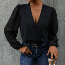 Spliced Mesh Lantern Sleeve V-neck Bodysuit