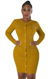 Winter Sexy Button Tight Solid Round Neck Knitted Mini Dress