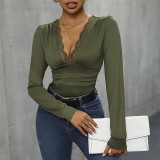 Eyelash Lace Trim Ruched Bodysuit