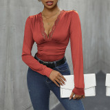Eyelash Lace Trim Ruched Bodysuit