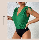 Solid Lace-up Drawstring Shoulder Surplice V Neck Bodysuit
