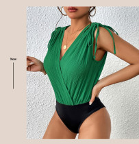 Solid Lace-up Drawstring Shoulder Surplice V Neck Bodysuit