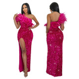 Evening Dress Formal Party Sequined High Slit Long Dress for Women