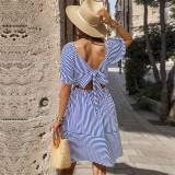 Striped Tie Backless Ruffle Hem Dress