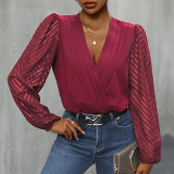 Spliced Mesh Lantern Sleeve V-neck Bodysuit