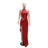 Solid Sleeveless Evening Dresses High Slit Hot Diamond Long Dress