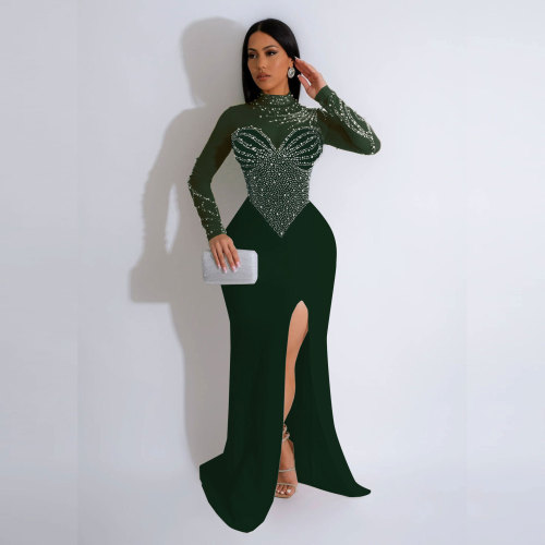 Women Beaded See-Through Bodycon Stretch Slit Dress