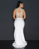 Sexy Party Elegant Formal Patchwork Slit Mesh Hot Drill Half A Turtleneck Asymmetrical Dresses