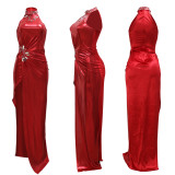 Solid Sleeveless Evening Dresses High Slit Hot Diamond Long Dress