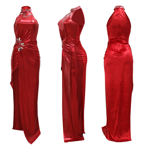 Solid Sleeveless Evening Dresses High Slit Hot Diamond Long Dress