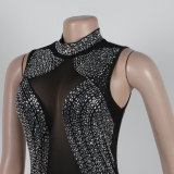 Sexy Party Elegant Formal Patchwork Slit Mesh Hot Drill Half A Turtleneck Asymmetrical Dresses