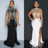 Sexy Party Elegant Formal Patchwork Slit Mesh Hot Drill Half A Turtleneck Asymmetrical Dresses