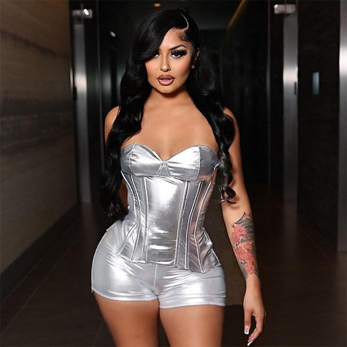 Women PU-leather metallic body shaping Strapless Top and Casual shorts two-piece set