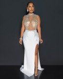 Sexy Party Elegant Formal Patchwork Slit Mesh Hot Drill Half A Turtleneck Asymmetrical Dresses
