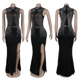 Sexy Party Elegant Formal Patchwork Slit Mesh Hot Drill Half A Turtleneck Asymmetrical Dresses