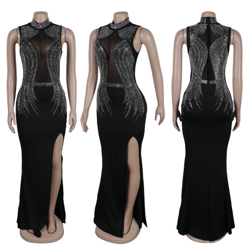 Sexy Party Elegant Formal Patchwork Slit Mesh Hot Drill Half A Turtleneck Asymmetrical Dresses